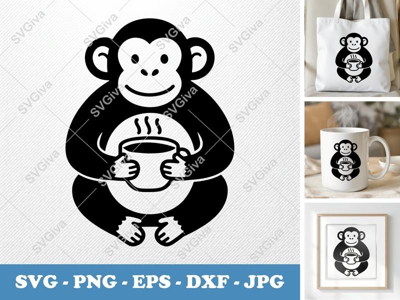 Chimpanzee with coffee cup SVG PNG DXF EPS | Monkey Cut File Cricut Silhouette | Animal Coffee Lover Design