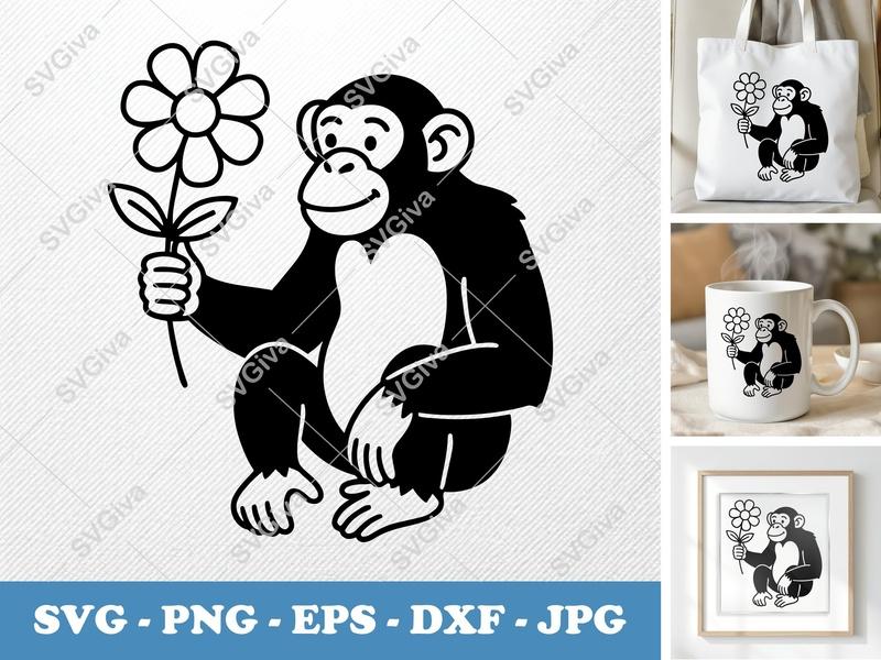 Chimpanzee with Flower SVG | Cartoon Minimalist Cut File | PNG DXF EPS | Cricut Silhouette Design