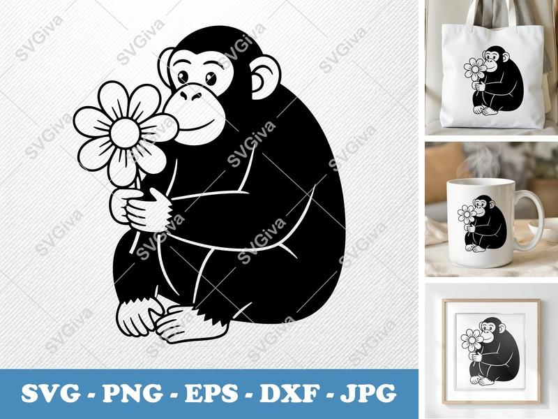 Chimpanzee with Flower SVG PNG DXF EPS | Cricut Silhouette Cut File | Monkey Animal Vector Art