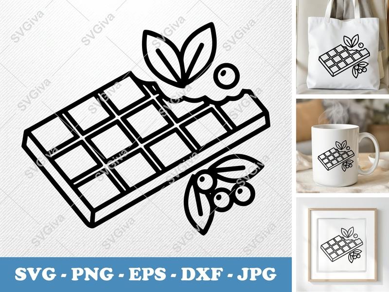Chocolate Bar SVG, Bitten Candy with Berries and Leaves, PNG EPS DXF for Cricut | Silhouette, Sweet Dessert Outline Cut File