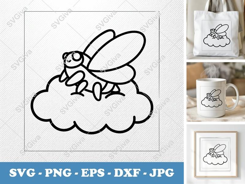Cicada Cloud SVG, Modern Clean Line Art, Insect Kawaii Cut File | PNG EPS DXF for Cricut Silhouette