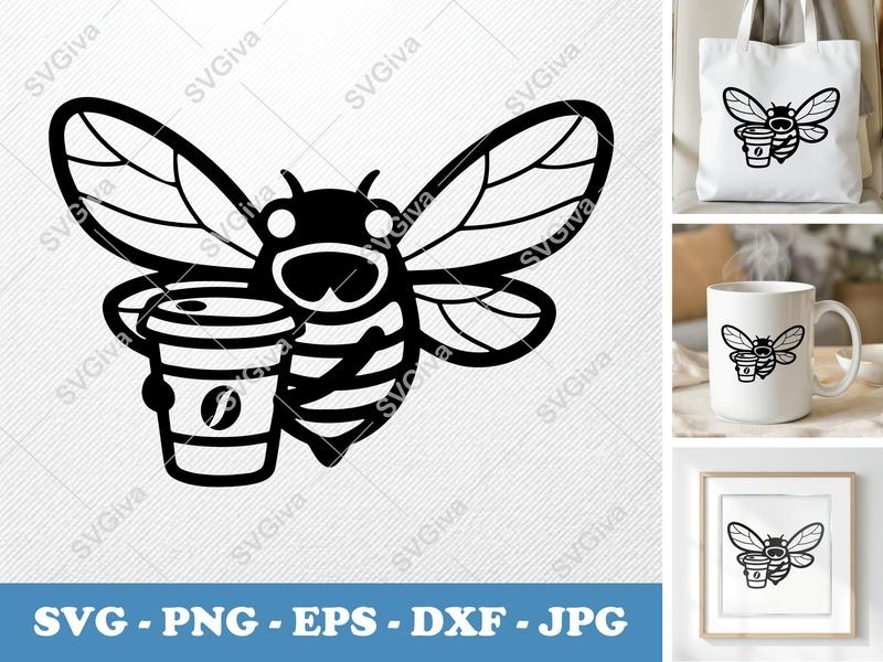 Cicada Coffee SVG, Modern Insect Outline, Coffee Lover, SVG PNG EPS DXF for Cricut Silhouette, Summer Bug Cut File