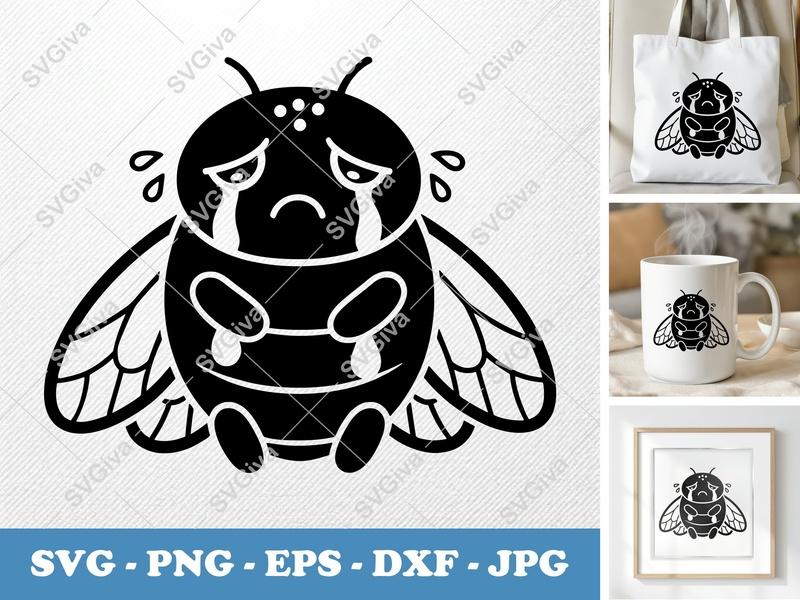 Cicada Crying SVG, Sad Bug PNG, Tears EPS, Kawaii Insect DXF | Cricut & Silhouette Cut File, Cute Cartoon Decal