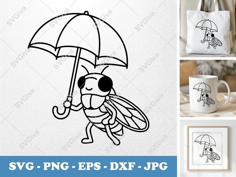 Cicada Holding Umbrella SVG | Friendly Rounded Bean-Shaped Design | PNG, DXF, EPS | Cricut, Silhouette Cut File
