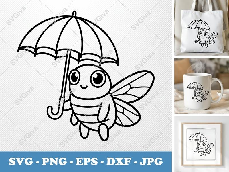 Cicada Holding Umbrella SVG, Friendly Rounded Body Bean-Shaped Cut File | PNG DXF EPS for Cricut Silhouette