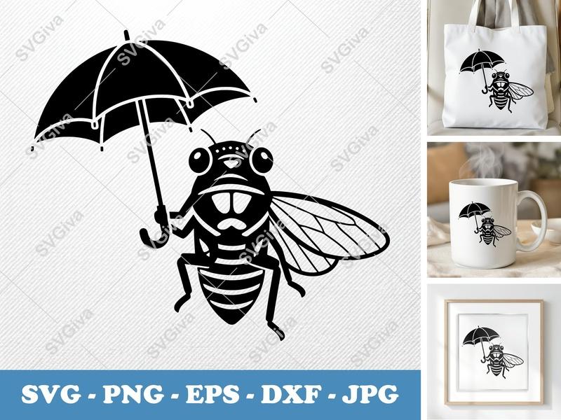 Cicada Holding Umbrella SVG PNG DXF EPS | Insect Cut File Cricut Silhouette