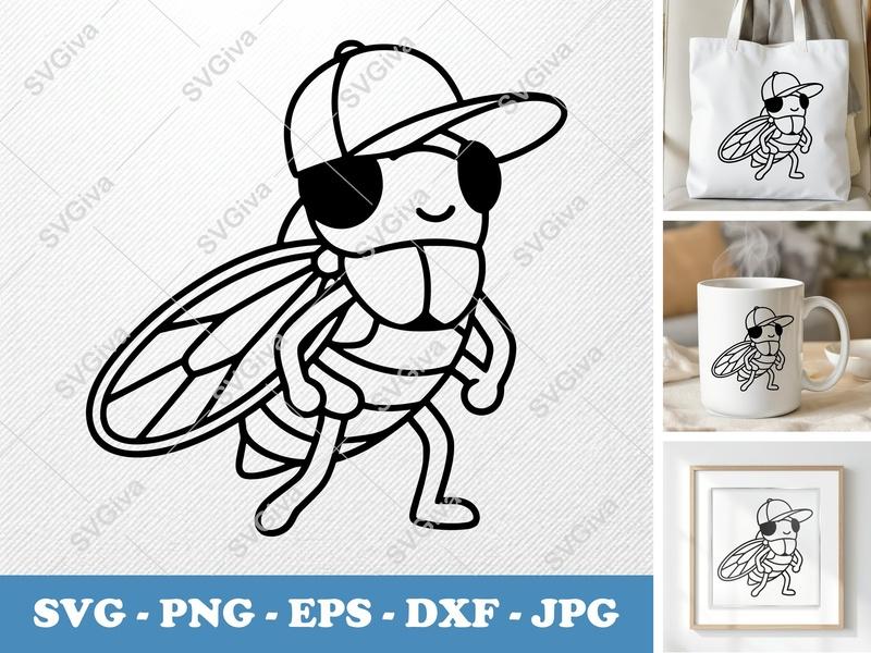 Cicada in a Cap SVG | Friendly Rounded Bean-Shaped Cut File | PNG DXF EPS | Cricut Silhouette