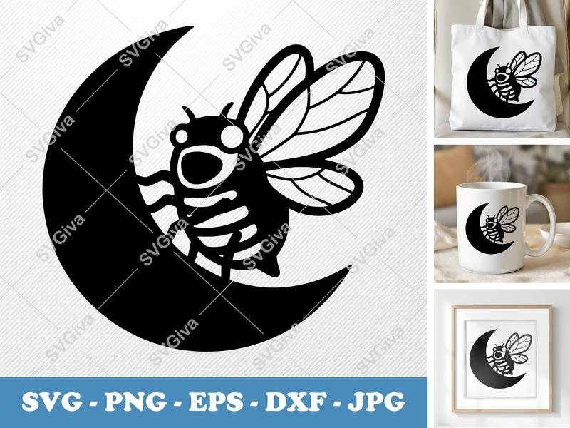 Cicada on Moon SVG, Cartoon Insect Cut File, Modern Design | PNG EPS DXF for Cricut, Silhouette, Vinyl Decal
