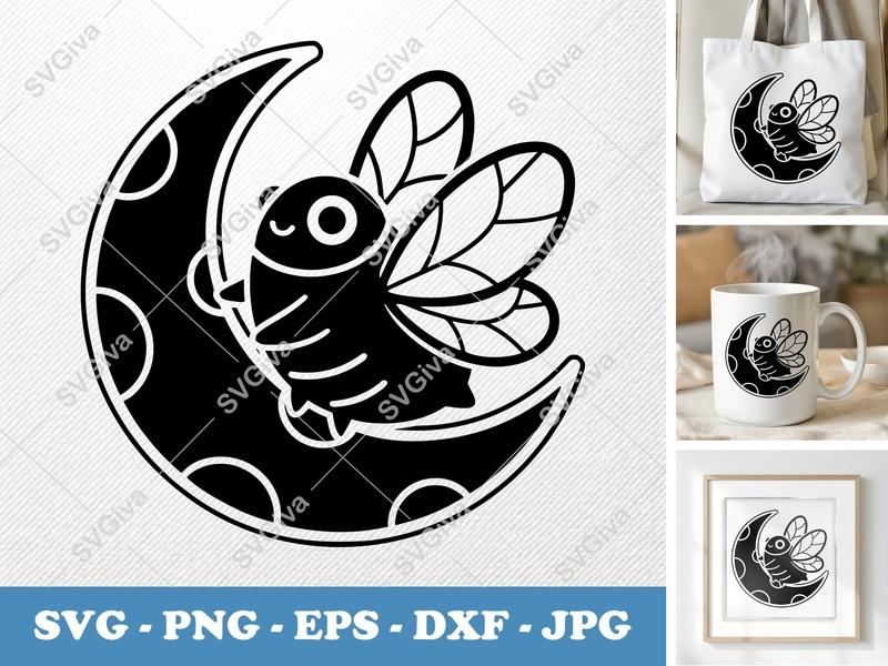 Cicada on Moon SVG | Modern Clean Insect Cut File | PNG EPS DXF for Cricut Silhouette | Cute Bug Vector Art