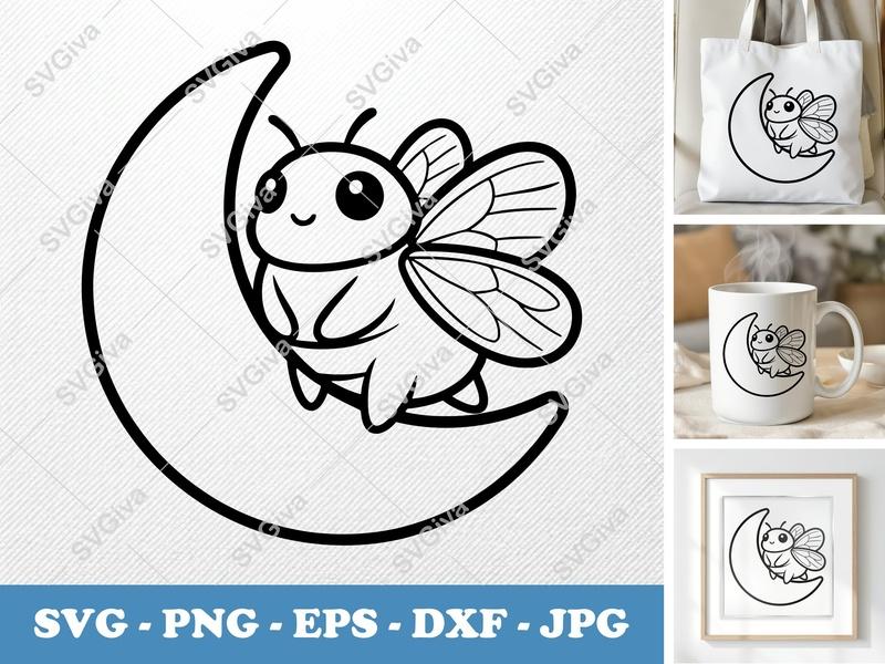 Cicada on Moon SVG | Puffy Dreamy Design | PNG DXF EPS | Cricut Silhouette File