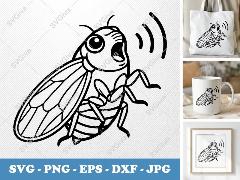 Cicada Singing SVG | Bold Minimalist Vector | PNG DXF EPS | Cricut Silhouette Cut File