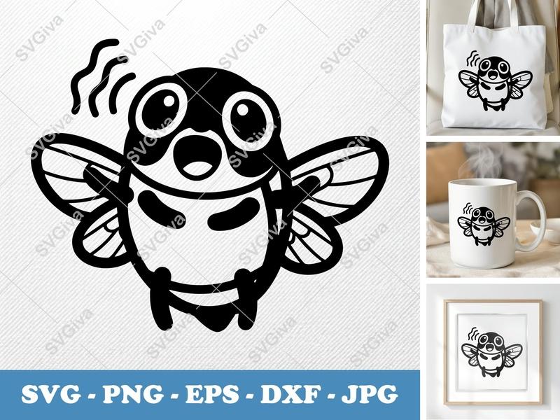 Cicada Singing SVG | Puffy Cartoon Critter Cut File | Inflated Pillow Art | PNG DXF EPS for Cricut Silhouette