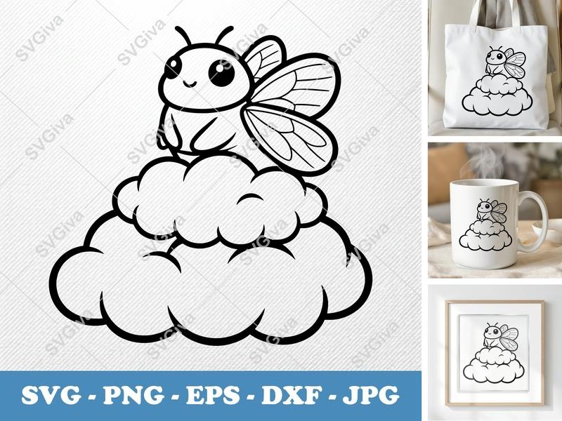 Cicada Sitting on a Cloud SVG | Puffy Cartoon Style Cut File | Inflated Pillow-Soft Forms PNG DXF EPS for Cricut Silhouette