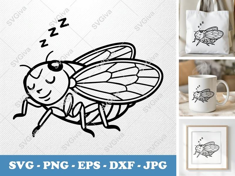 Cicada Sleeping SVG | Cartoon Minimalist Cut File | Bold Contour PNG DXF EPS | Cricut Silhouette Design | Nature Insect Vector Art