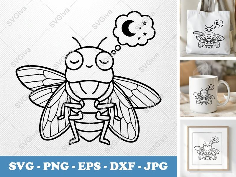 Cicada Sleeping SVG, Dreamy Bug Cut File | Moon & Stars PNG EPS DXF for Cricut & Silhouette, Modern Insect Clipart Vector