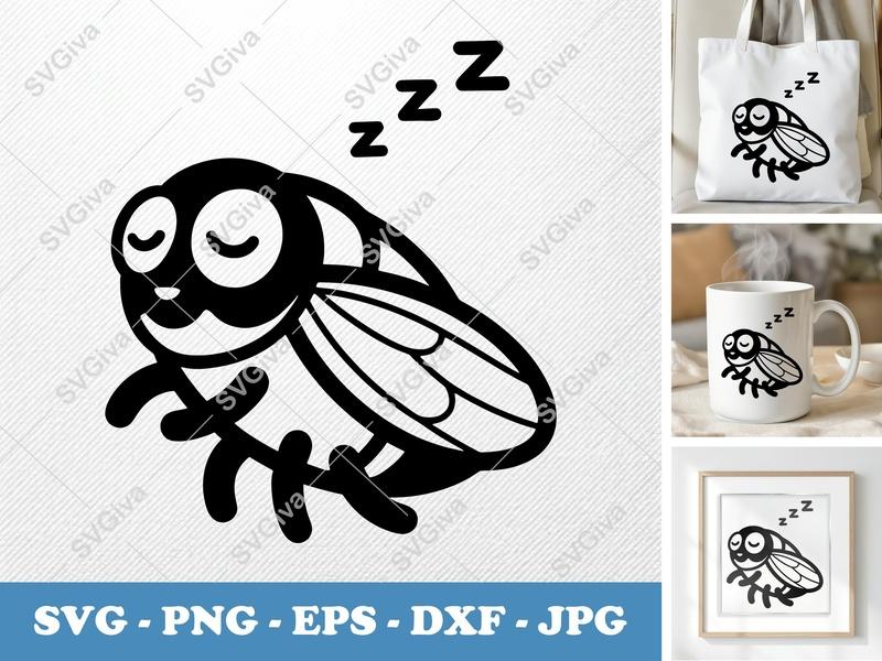 Cicada Sleeping SVG | Puffy Cartoon Fly | Cute Insect Vector File | PNG DXF EPS for Cricut Silhouette