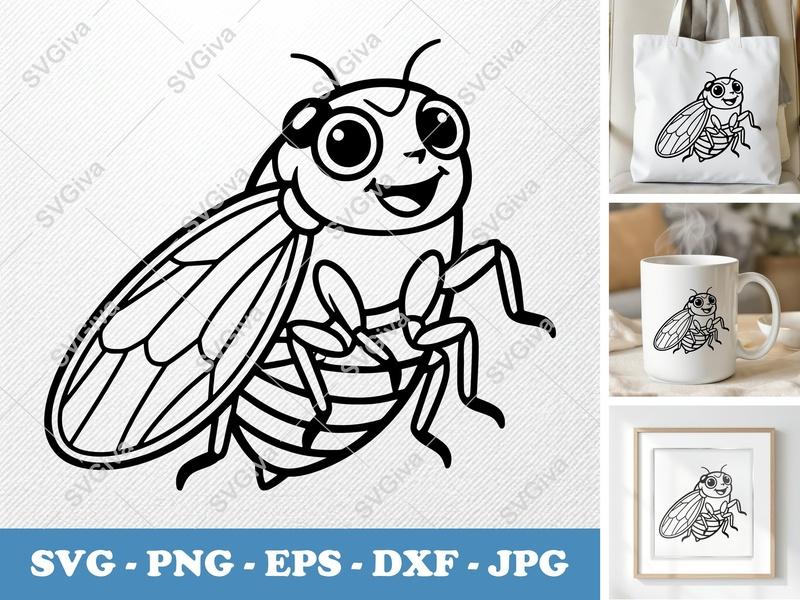 Cicada Smiling Happily SVG | Bold Contour, Clean Fill | Minimalist Character PNG DXF EPS | Cricut Silhouette Cut File