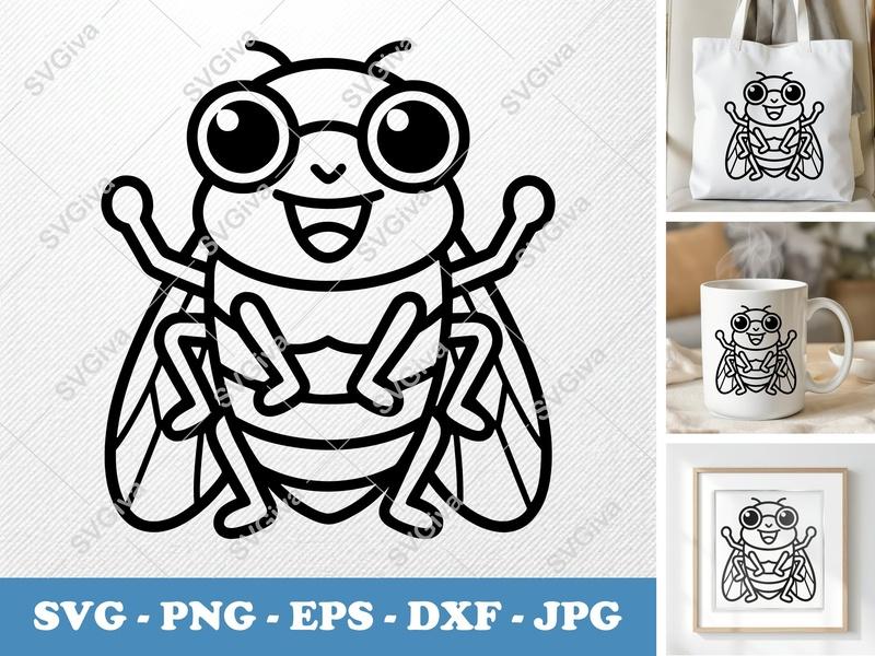 Cicada Smiling Happily SVG | Rounded Friendly Bean-Shaped Cut File | PNG, DXF, EPS for Cricut & Silhouette