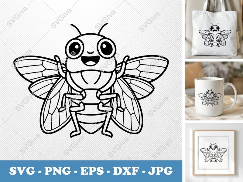 Cicada SVG | Cute Bug Outline, Happy Insect Clipart | PNG EPS DXF for Cricut & Silhouette | Modern Craft File