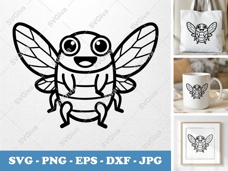 Cicada SVG, Cute Cartoon Insect Cut File, Modern Bug Clipart, PNG EPS DXF for Cricut & Silhouette, Smiling Cicada Vector Art