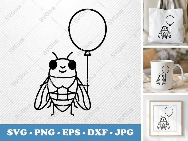Cicada SVG, Modern Cartoon Bug with Balloon, Kawaii Insect Cut File | PNG EPS DXF for Cricut, Silhouette