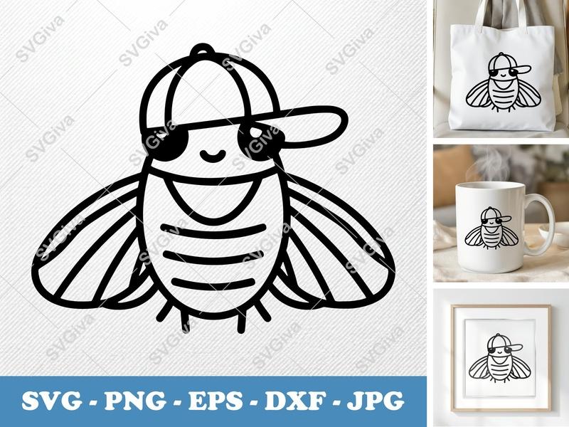 Cicada SVG, Modern Cartoon Bug with Hat, Cute Insect Cut File, PNG EPS DXF for Cricut & Silhouette, Digital Download