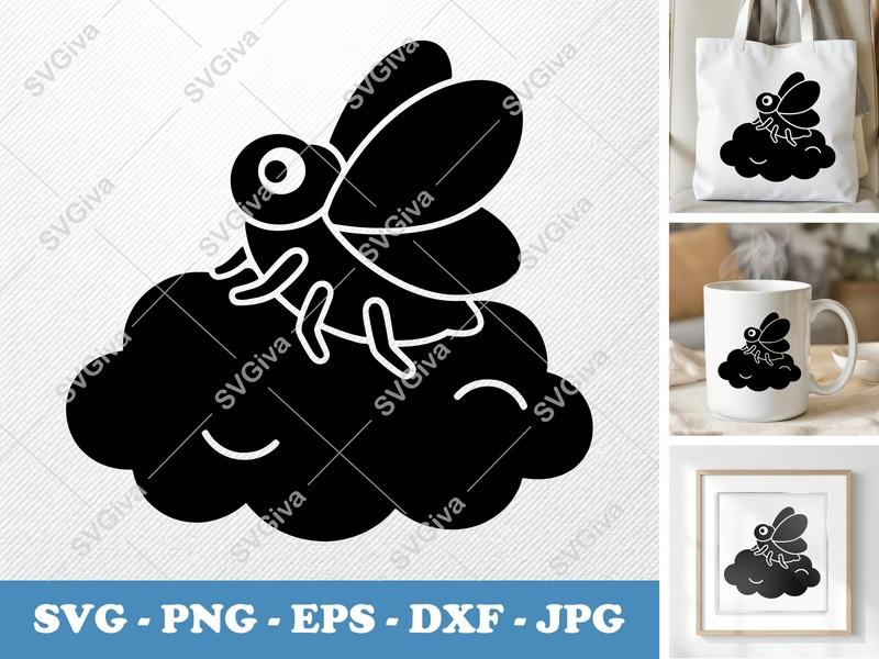 Cicada SVG, Modern Clean Icon, Bug on Cloud Vector, PNG EPS DXF | Cricut Silhouette Cut File, Insect Clipart