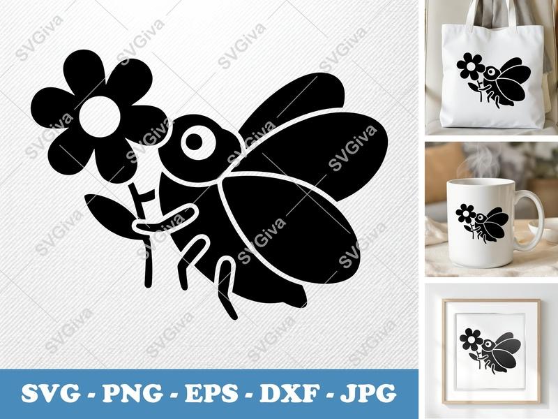 Cicada SVG, Modern Insect with Flower Cut File | PNG EPS DXF for Cricut & Silhouette, Bug Vector Art, Nature Clipart