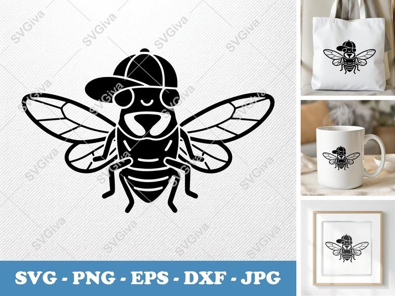 Cicada SVG, Modern Insect with Hat Cut File | PNG EPS DXF for Cricut, Silhouette, Shirt Design, Decal Art