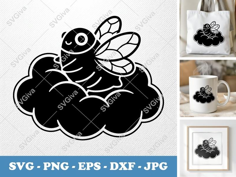 Cicada SVG on Cloud | Modern Cartoon Insect Cut File for Cricut, Silhouette | PNG EPS DXF Vector Clipart