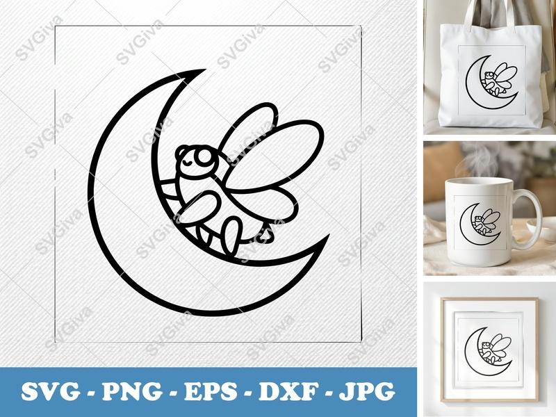 Cicada SVG on Moon | Modern Clean Outline Design | PNG EPS DXF for Cricut & Silhouette | Insect Cut File