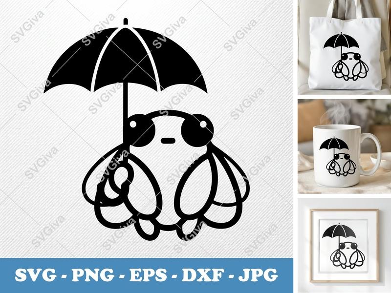 Cicada Umbrella SVG, Cute Insect Clipart, Kawaii Bug Vector, Digital Download PNG EPS DXF for Cricut & Silhouette