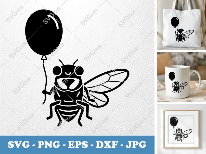 Cicada with Balloon SVG | Cute Bug Clip Art, Insect Vector, Party Animal Cut File for Cricut, Silhouette | PNG EPS DXF