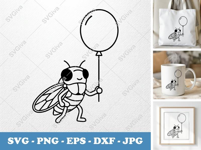Cicada with Balloon SVG | Friendly Bean-Shaped Cut File | Rounded Body PNG DXF EPS | Cricut Silhouette