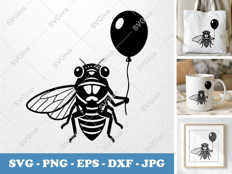 Cicada with Balloon SVG PNG DXF EPS | Insect Bug Cut File Cricut Silhouette