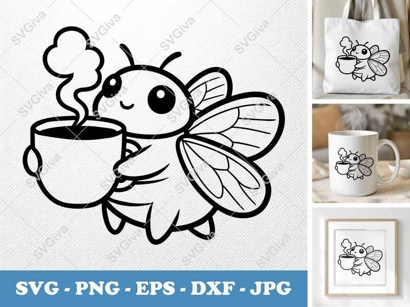 Cicada with Coffee Cup SVG | Puffy Pilloow-Soft Design | PNG DXF EPS | Cricut Cut File