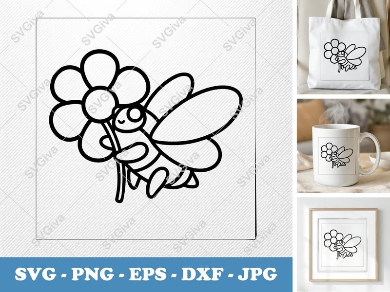 Cicada with Flower SVG | Modern Clean Line Art, Insect PNG, EPS, DXF | Cricut & Silhouette Cut File, Vector Clipart