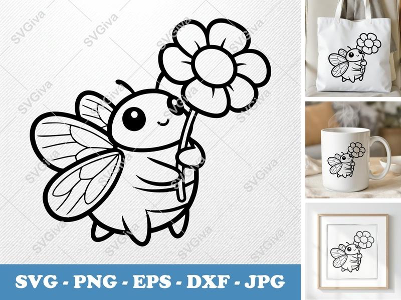 Cicada with Flower SVG | Puffy Cartoon Soft Shapes PNG DXF EPS | Cricut Silhouette File
