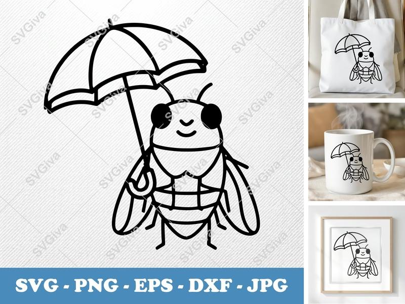 Cicada with Umbrella SVG | Clean Line Art, Cartoon Insect | PNG EPS DXF | Cricut Silhouette File