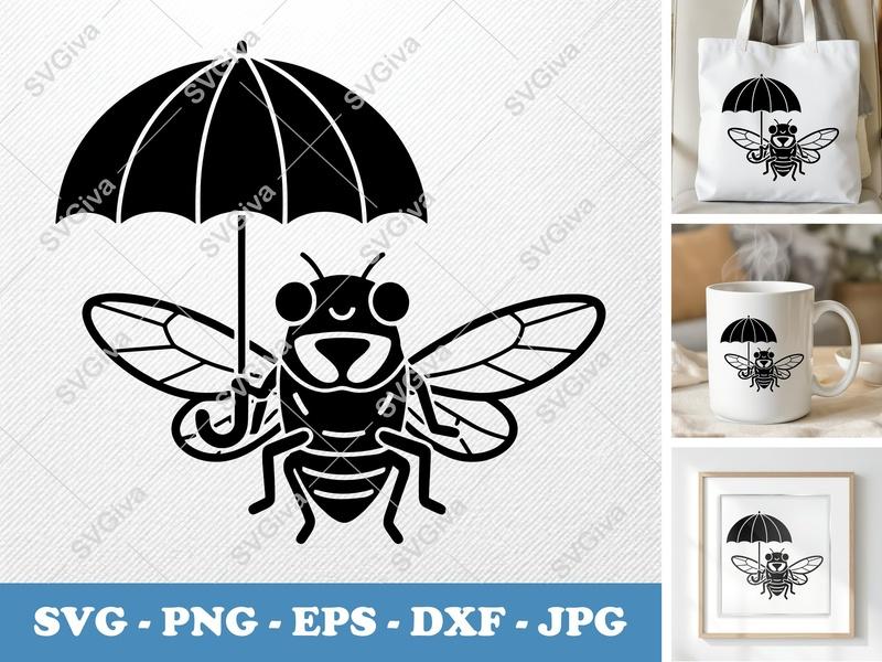 Cicada with Umbrella SVG | Cute Insect PNG EPS DXF | Modern Bug Cut File for Cricut Silhouette | Humorous Summer Clipart