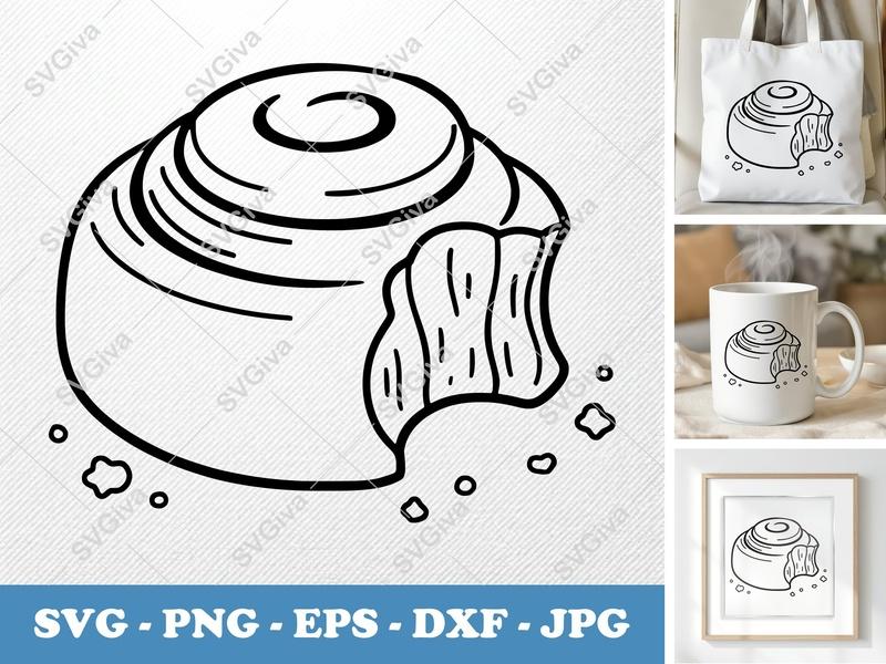 Cinnamon Bun SVG | Bitten Sweet Roll, Pastry Snack | PNG EPS DXF for Cricut, Silhouette, Dessert Vector