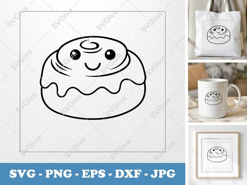 Cinnamon Bun SVG | Cute Kawaii Dessert Outline | PNG EPS DXF | Cricut Silhouette File | Food Clipart Vector