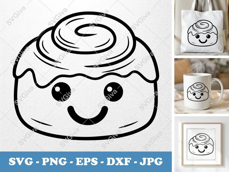 Cinnamon Bun SVG Kawaii Cute Roll, Sweet Bakery Food, PNG EPS DXF for Cricut & Silhouette, Digital Download