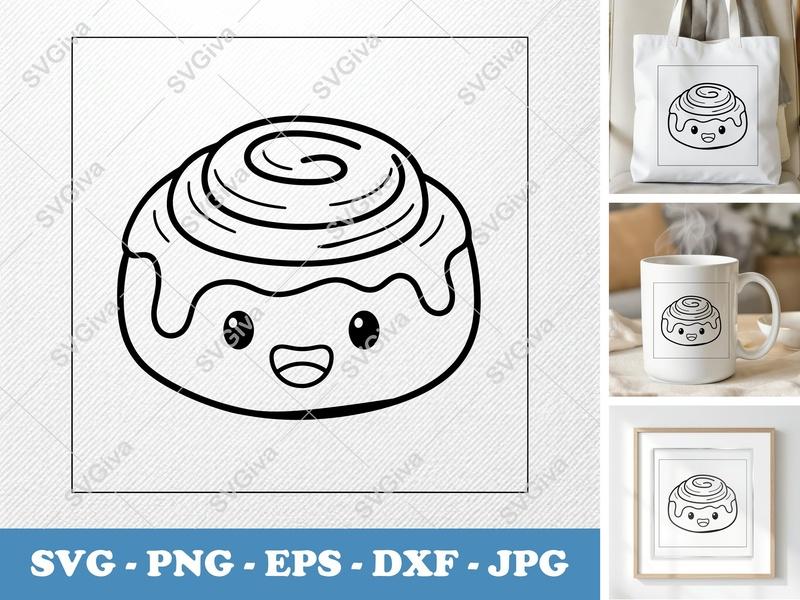 Cinnamon Bun SVG | Kawaii Happy Face Food Cut File | Modern Clean Design PNG EPS DXF for Cricut & Silhouette