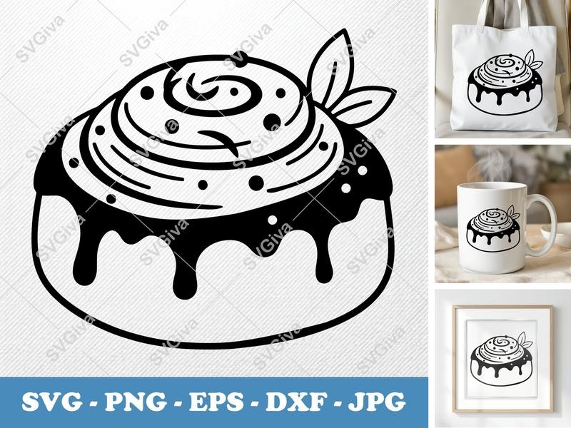Cinnamon Bun SVG | Modern Dessert Outline with Drizzle & Sprinkles | PNG EPS DXF for Cricut, Silhouette
