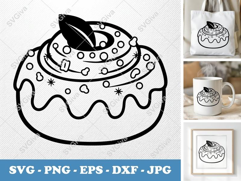 Cinnamon Bun SVG | Modern Dessert Outline with Icing & Leaf | PNG EPS DXF for Cricut, Silhouette, Baking Clipart