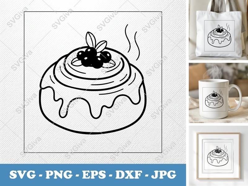 Cinnamon Bun SVG | Modern Dessert with Berries & Frosting | PNG EPS DXF for Cricut & Silhouette, Sweet Treat Clip Art