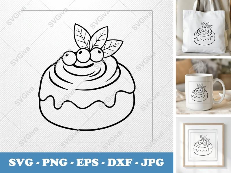 Cinnamon Bun SVG | Modern Dessert with Berries & Leaves | PNG EPS DXF for Cricut & Silhouette | Sweet Bakery Food Clip Art