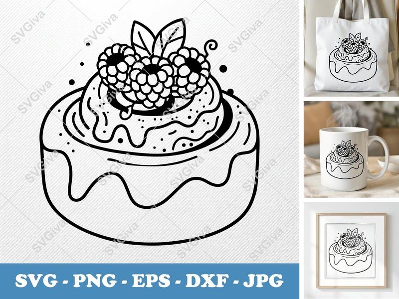Cinnamon Bun SVG | Modern Dessert with Berries & Mint | Cut File for Cricut, Silhouette | PNG EPS DXF | Bakery Clipart