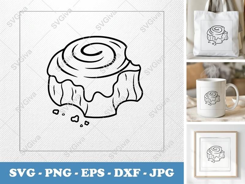 Cinnamon Bun SVG | Modern Outline Design, Bitten Pastry, Icing Drip | PNG EPS DXF for Cricut, Silhouette